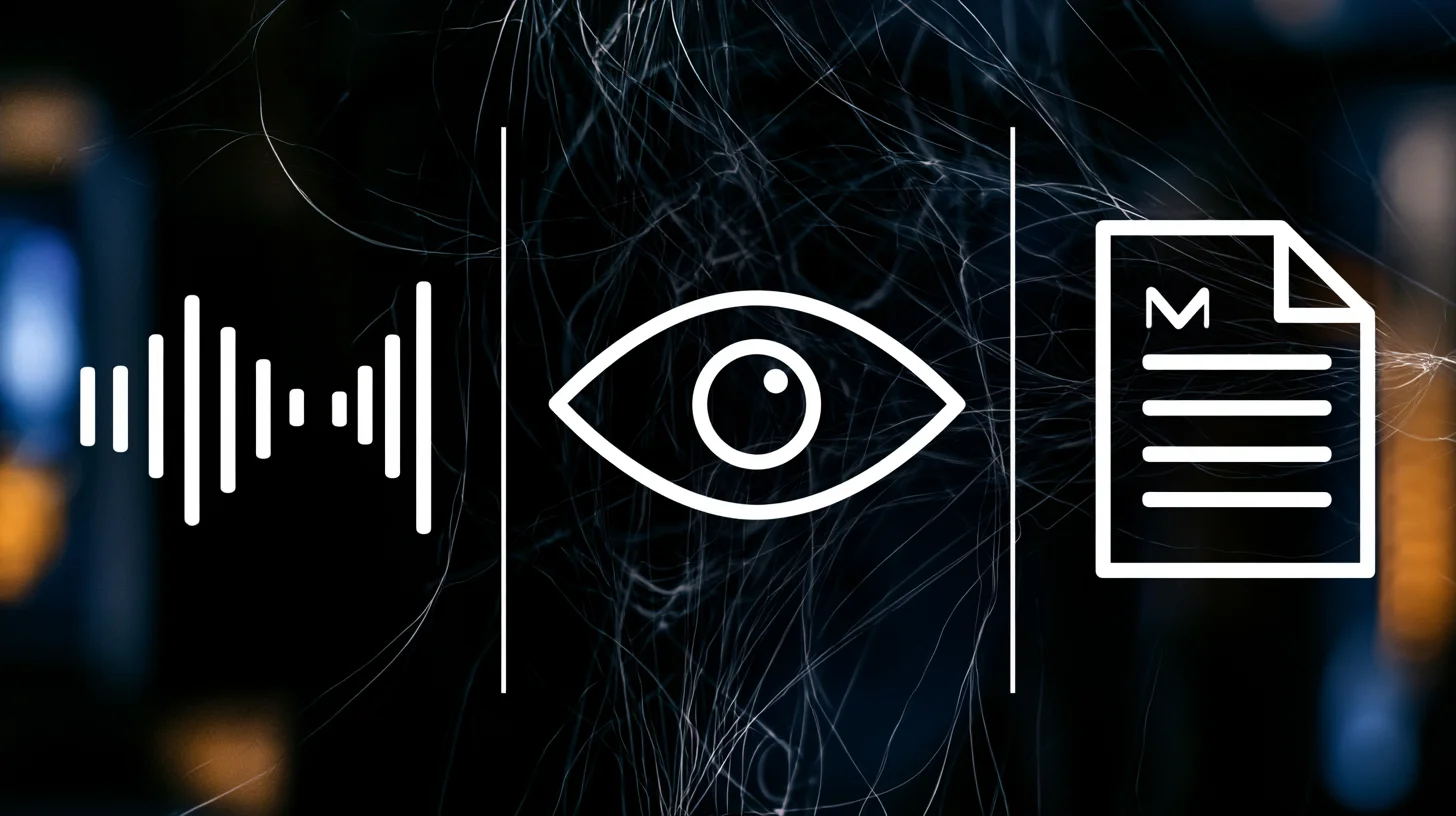 Artikelbild: Abstrakt illustration av multimodal AI med ikoner för text, ljud och bild