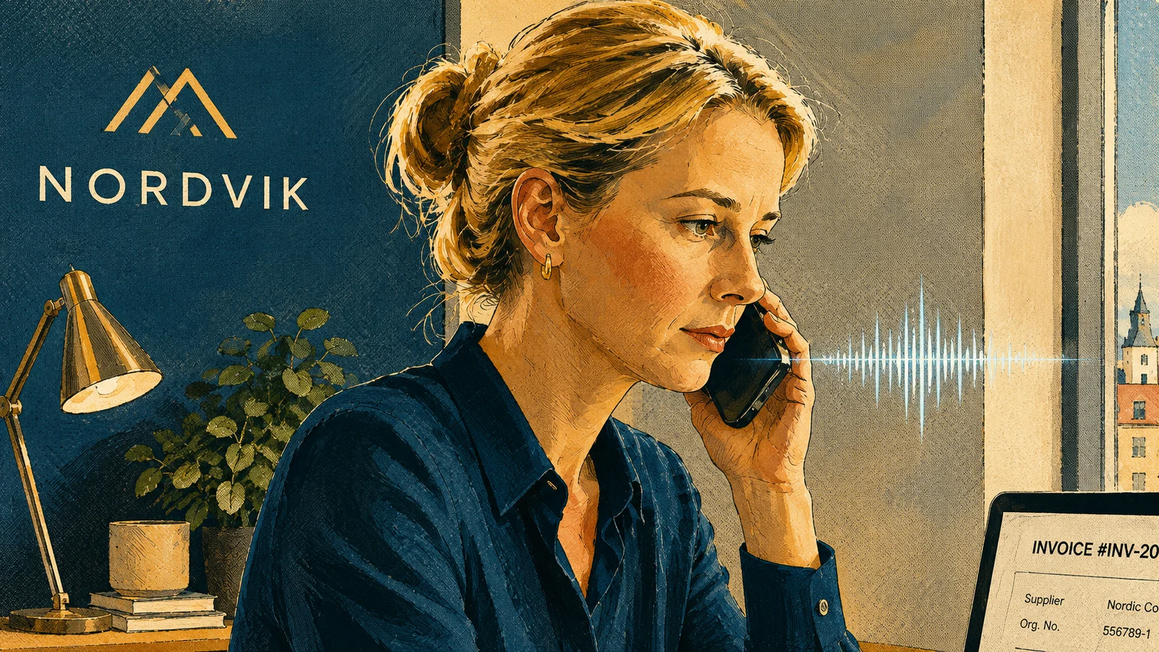 Ekonomiansvarig på ett svenskt kontor pausar vid ett brådskande telefonsamtal och dubbelkontrollerar en betalning innan godkännande