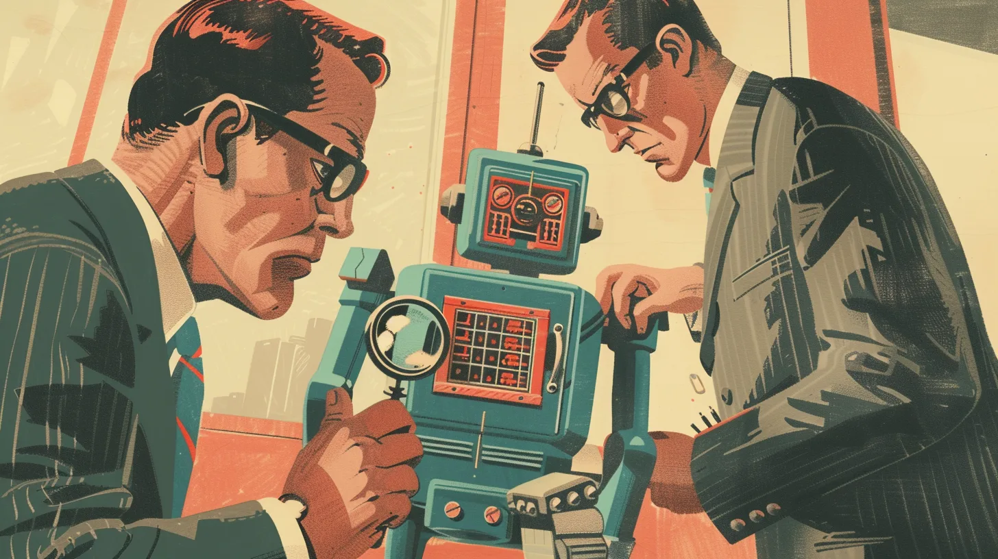 Retroillustration i 1950-talsstil där två granskare i kostym inspekterar en blå vintagerobot, en med förstoringsglas mot robotens kontrollpanel — en bild av tillsyn och granskning av AI