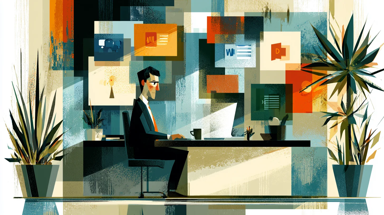 Retroillustration i 1950- eller 60-talsstil av en kontorsarbetare som använder Microsoft 365 Copilot i Teams, Outlook, Word, PowerPoint och Excel på ett svenskt kontor