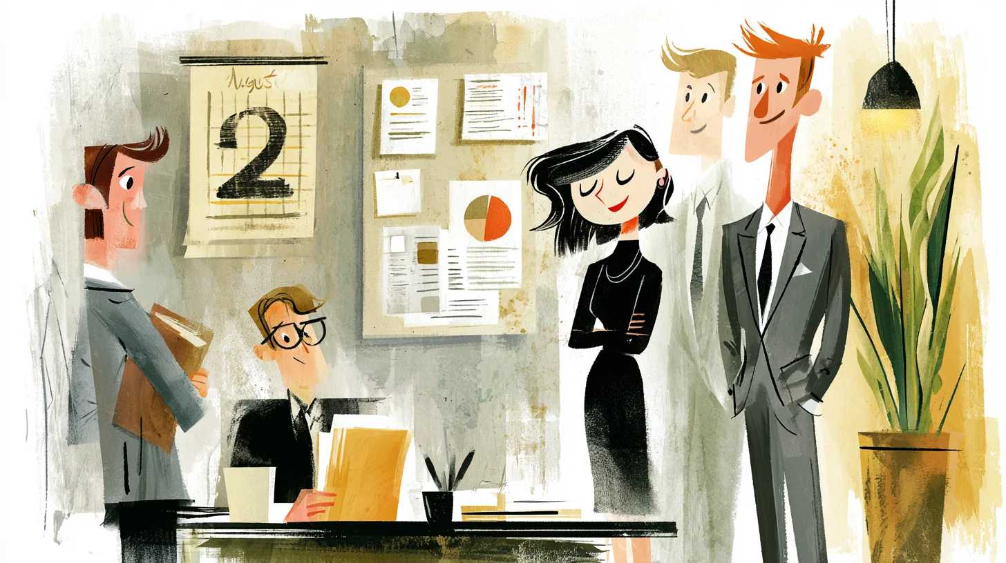 Retroillustration i 1950- eller 60-talsstil av ett svenskt kontor där ett team går igenom en checklista för AI-regler med kalendermarkeringen 2 augusti 2026