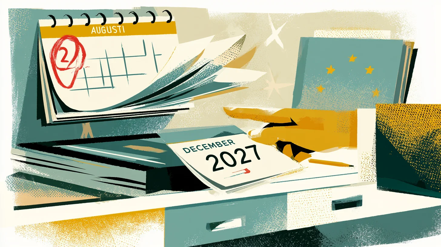 Retroillustration i 1950- eller 60-talsstil av en kalender där datumet 2 augusti 2026 är markerat samtidigt som en del av kalendersidorna bläddras fram till december 2027