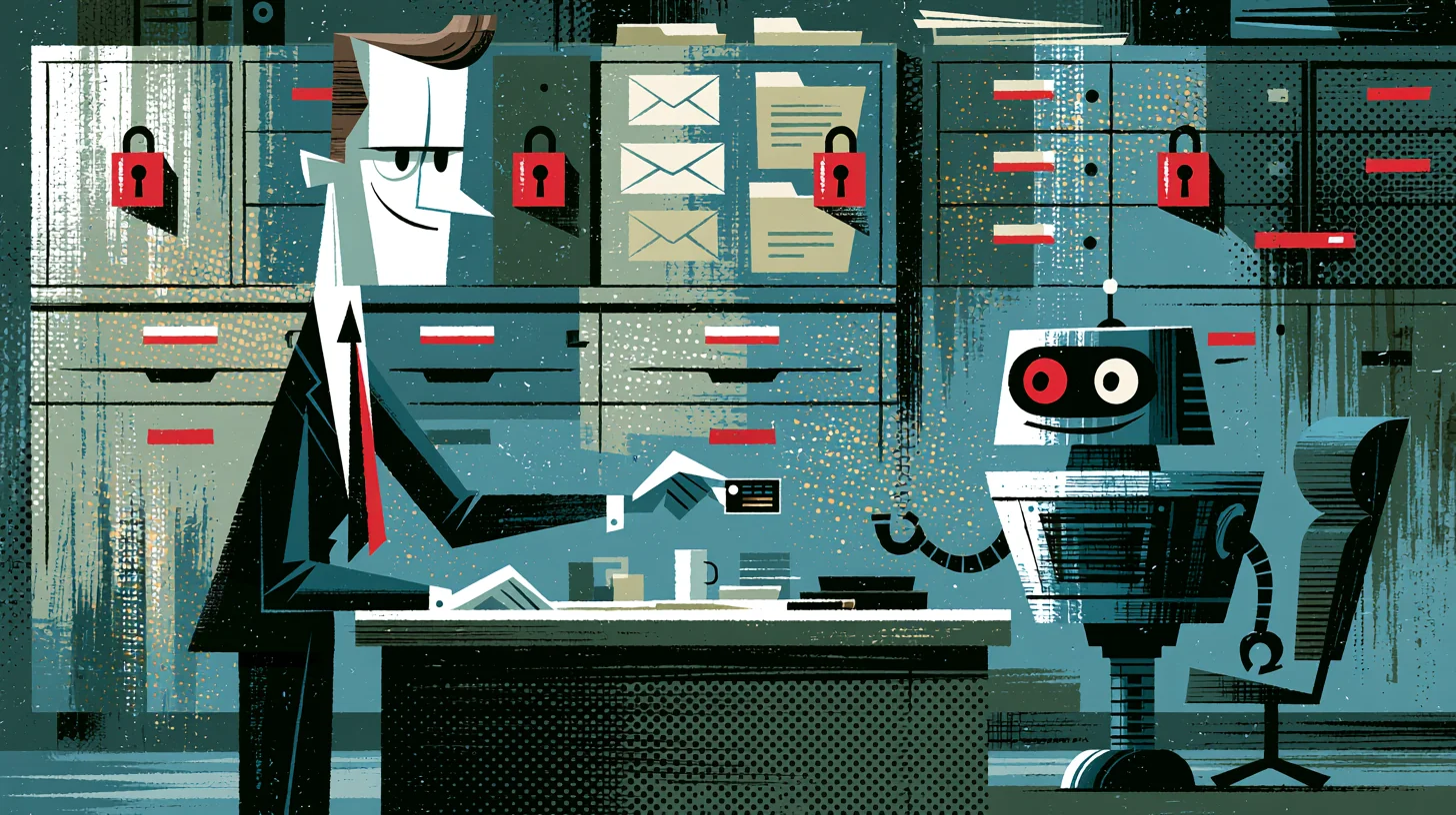 Retroillustration i 1950- eller 60-talsstil av en kontorsanställd som ger en robot en begränsad nyckelbricka till utvalda mejl och mappar medan övriga arkivskåp är låsta
