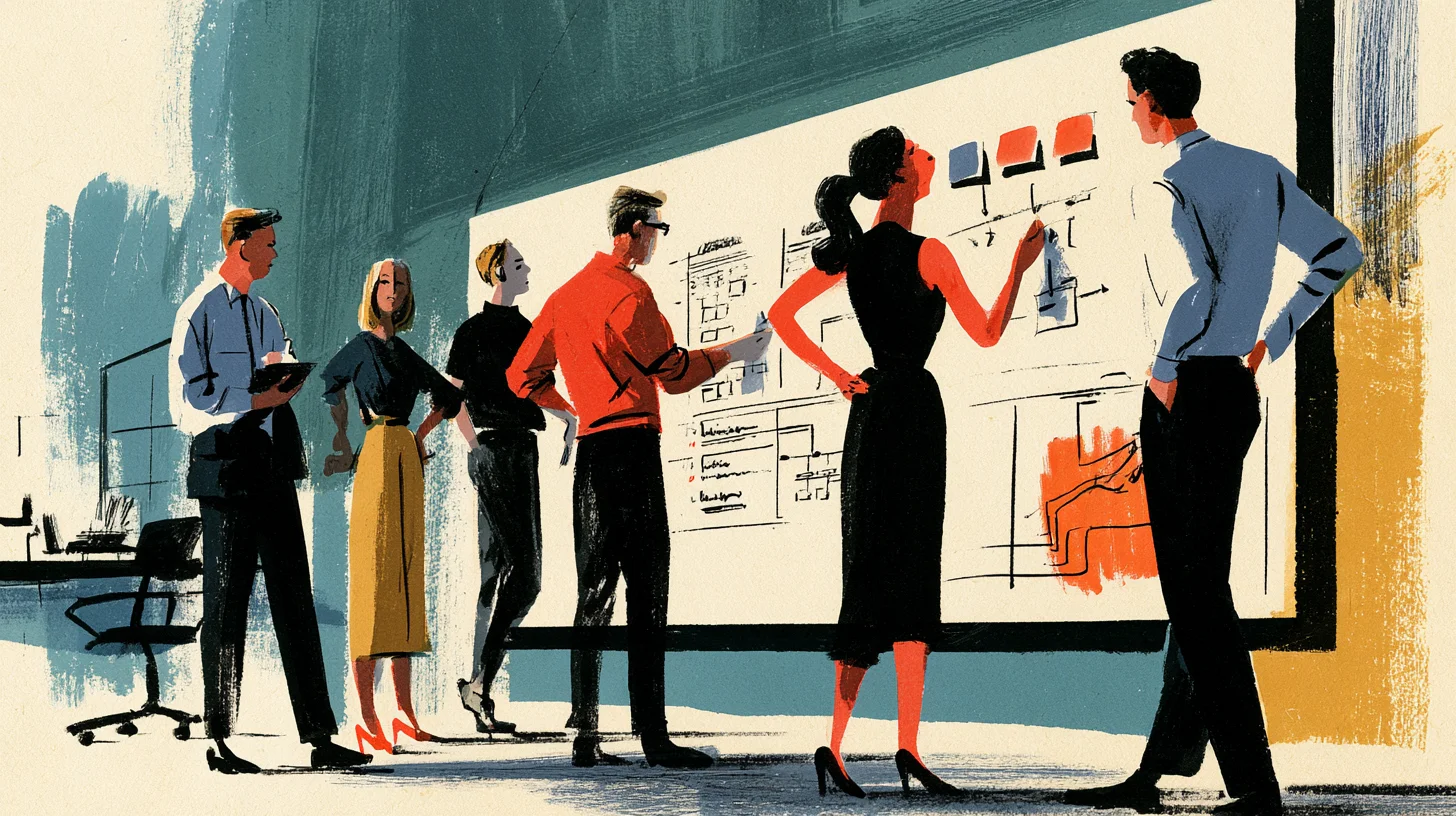 Retroinspirerad redaktionell illustration av ett arbetslag som sorterar arbetsuppgifter, risker och utbildningssteg på en stor planeringstavla.