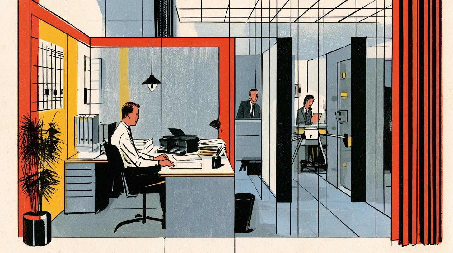 Retroillustration av en man som arbetar med dokument och skrivare vid ett skrivbord, medan två kollegor syns bakom glasväggar.