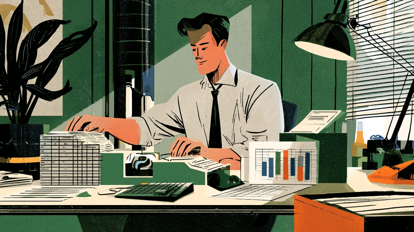 Retroillustration av en analytiker vid ett skrivbord med kalkylblad, diagram och räknemaskin.