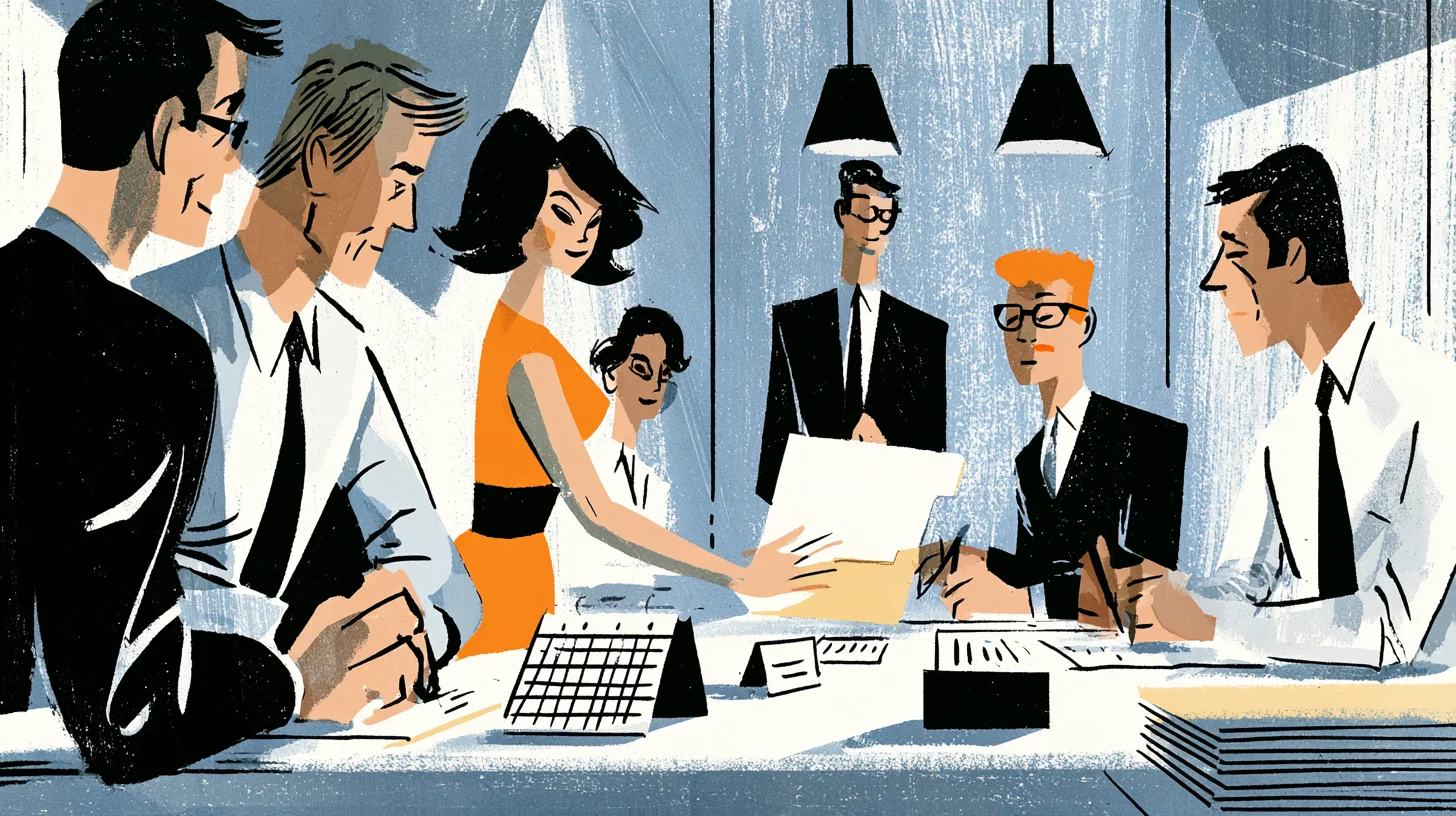 Retroillustration av ett mötesbord där flera personer i kostym samlas kring dokument, anteckningar och en bordskalender under svarta taklampor.
