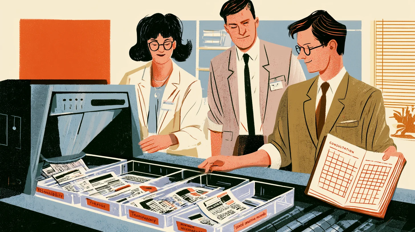 Retroillustration av tre kollegor vid en dator som sorterar utskrivna webbsidor i märkta fack medan en man håller ett dokument med rubriken Consultation.
