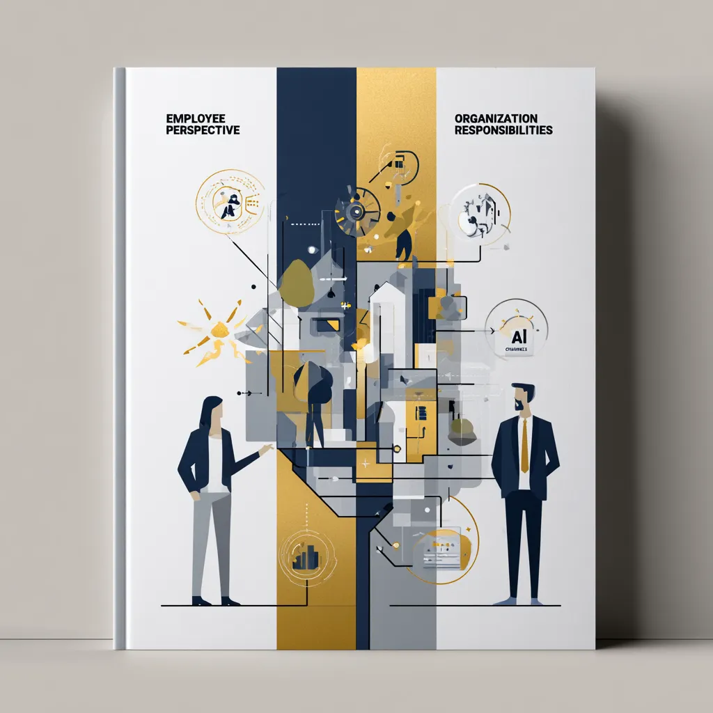 Konceptuell illustration av ett dokument flankerat av en kvinna och en man i kostym, med texterna Employee Perspective och Organization Responsibilities synliga — illustrerar de dubbla perspektiven i EU AI Act för anställda och organisationer.
