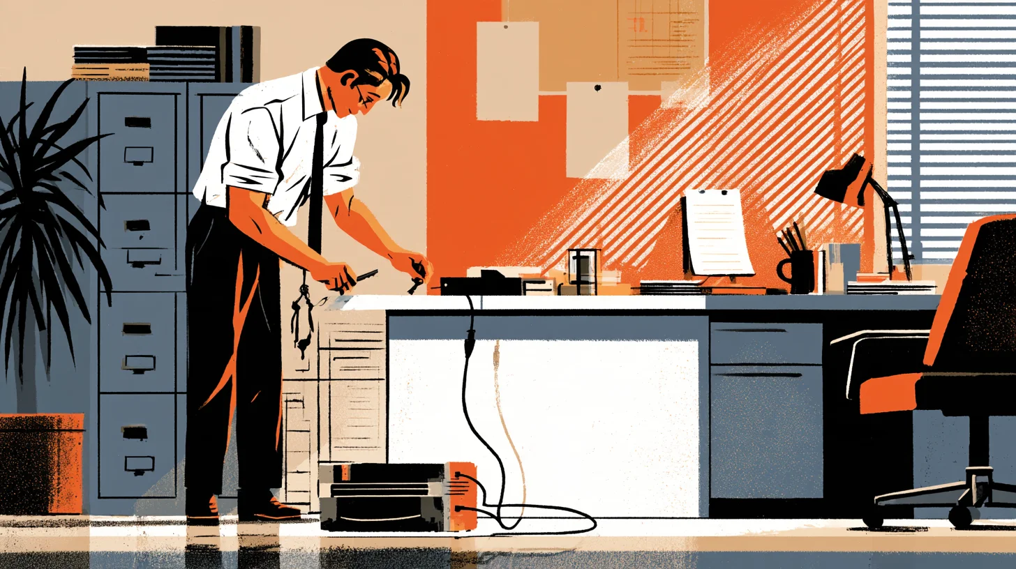 Retroillustration av en man i vit skjorta och slips som kopplar en sladd vid ett skrivbord, med arkivskåp, en krukväxt och en kontorsstol i ett orange och grått kontor.