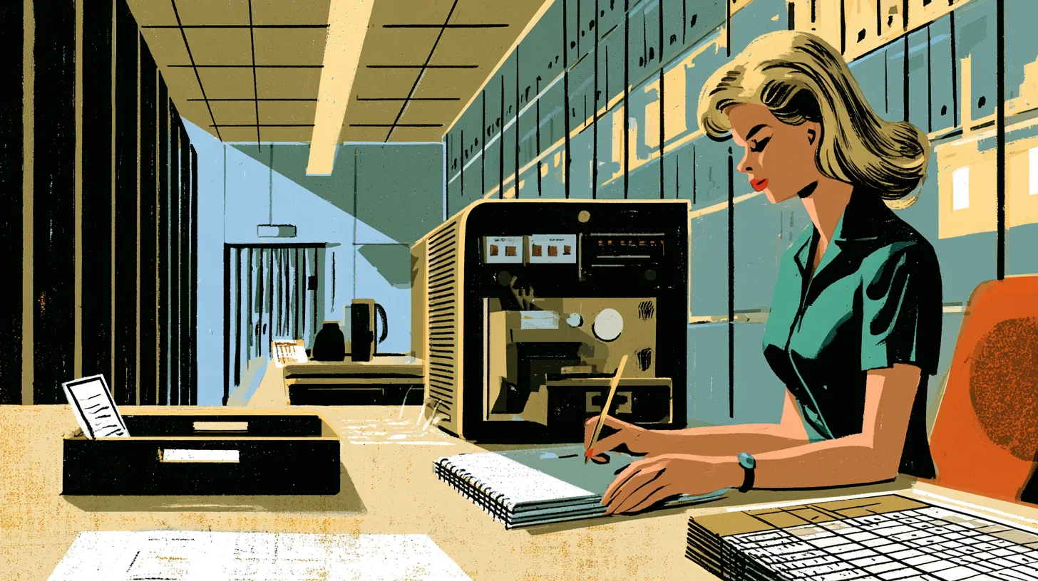 Retroillustration av en kontorist som antecknar vid en sorteringsmaskin framför ett arkiv med pärmar.