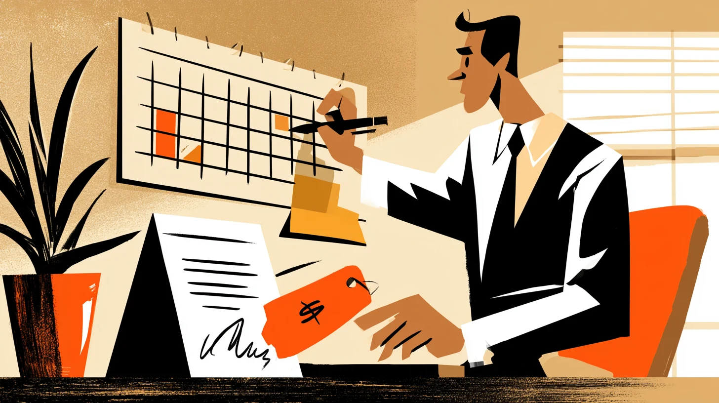 Retroinspirerad redaktionell illustration av en inköpare som markerar ett framtida datum i en kalender bredvid ett kontrakt med en prislapp som ska bytas ut.
