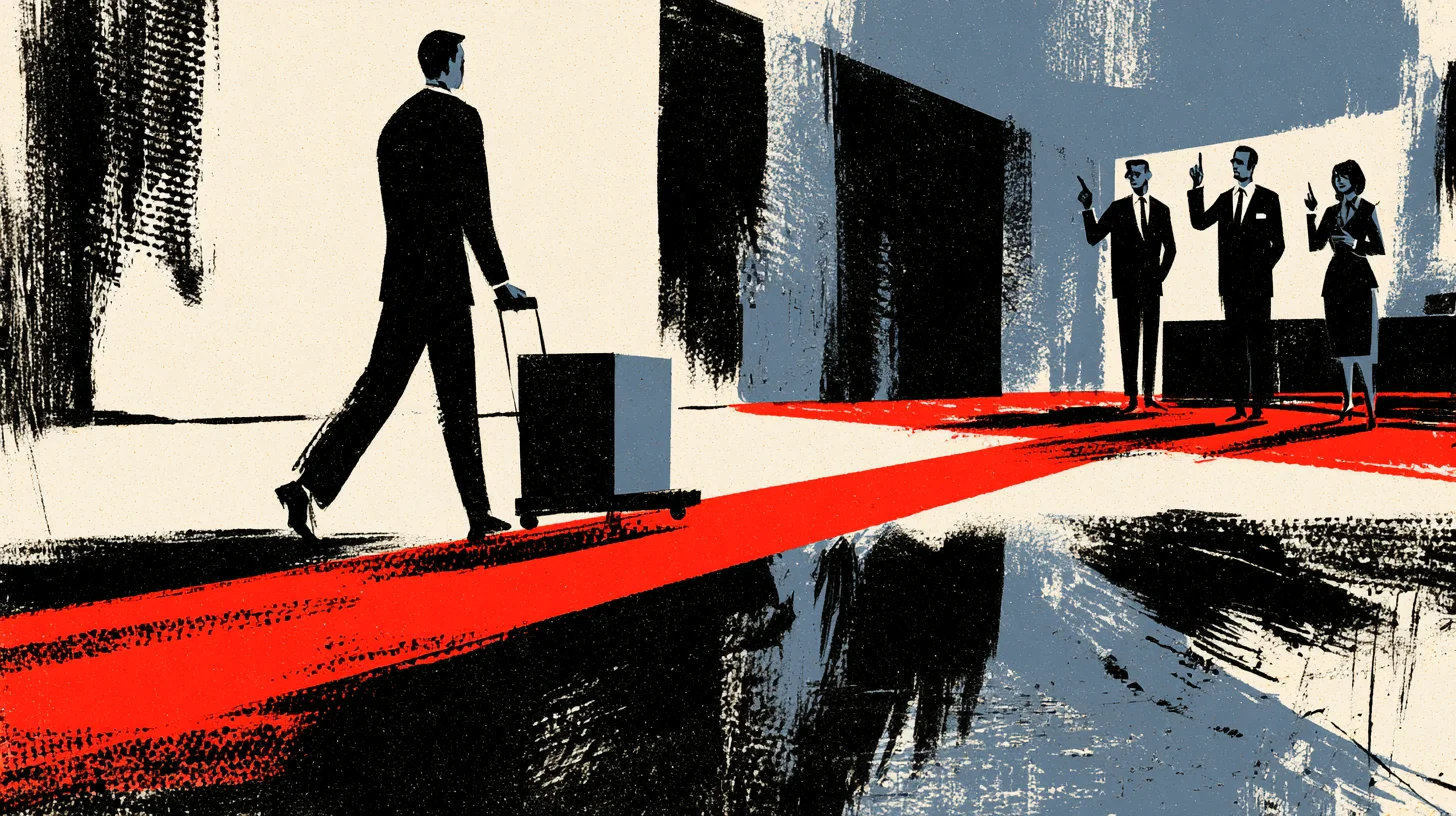 Retroillustration i 1950- eller 60-talsstil i svart, rött och gråblått. En man i kostym drar en låddformad maskin på en vagn längs en bred röd bana över golvet. Vid banans slut står tre personer i kontorskläder med höjda händer i en stoppande gest.