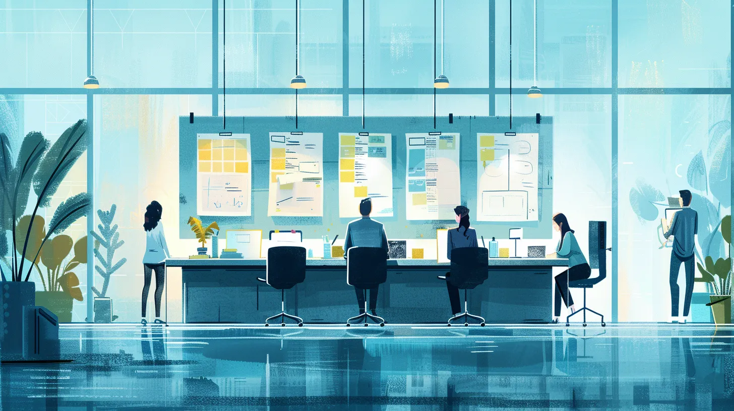 Digital illustration av ett modernt kontorslandskap där fyra medarbetare arbetar vid datorer och tre stora whiteboards med strukturerat innehåll syns på väggen bakom dem.