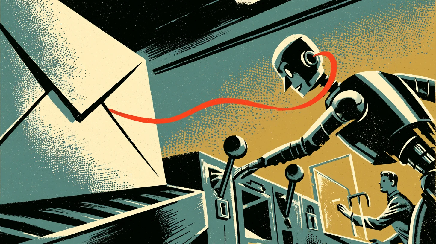 Retroillustration i 1950- eller 60-talsstil av ett stort kuvert på ett transportband. En röd sladd leder från kuvertet till örat på en kontorsrobot som sträcker sig mot låsta reglage, medan en människa står vid en skyddsgrind.