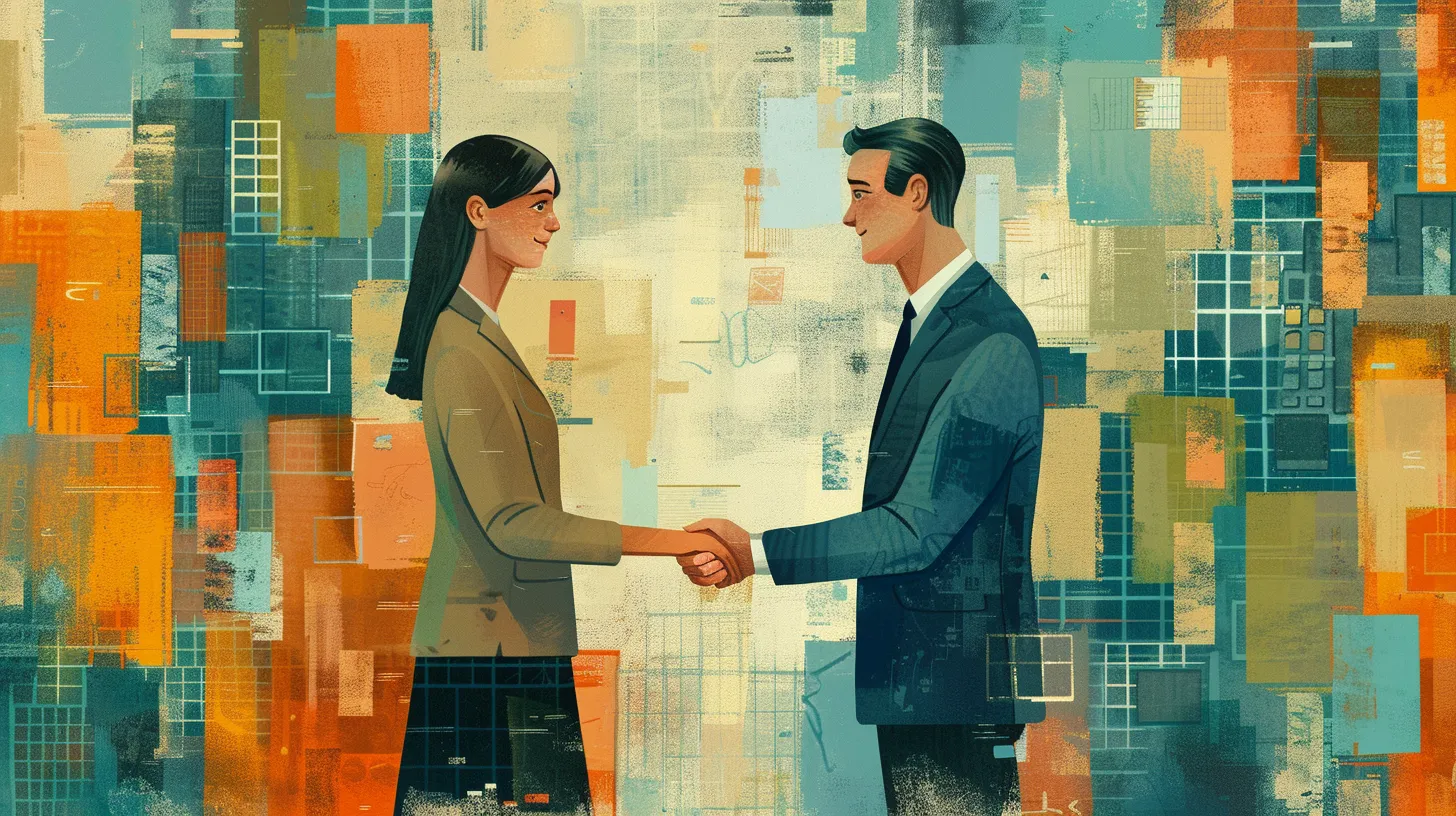 Illustration av en kvinna och en man i affärskläder som skakar hand mot en abstrakt bakgrund i blå, orange och jordtoner — symboliserar affärsrelationer och samarbete i B2B-försäljning.