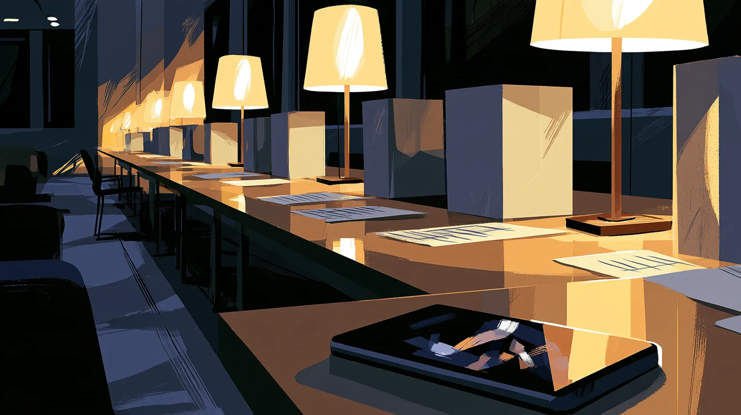 Illustration av ett kvällsmörkt rum med ett långt bord där grå lådor och räkneblanketter står under bordslampor, och en mobil med suddig skärmbild ligger i förgrunden.